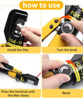 Step by step instructions on using the Heavy Duty Hydraulic Crimping Tool And Cutter Set Including Nine Swappable Dies.