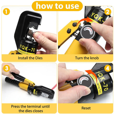 Step by step instructions on using the Heavy Duty Hydraulic Crimping Tool And Cutter Set Including Nine Swappable Dies.