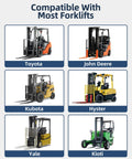 Forklift models including Toyota, John Deere, Kubota, Hyster, Yale, and Kioti, compatible with 84 Inch Forklift Extensions