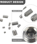Close-up of Industrial Grade 300-Piece M3 to M8 304 Stainless Steel Hex Socket Set Screws with oval cup point internal drive
