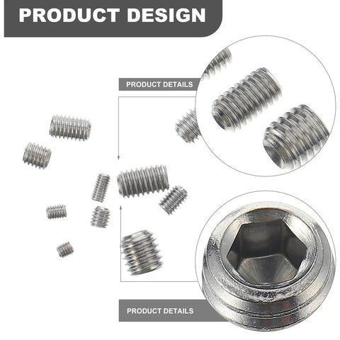 Close-up of Industrial Grade 300-Piece M3 to M8 304 Stainless Steel Hex Socket Set Screws with oval cup point internal drive