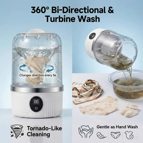 Hella Compact Portable Mini Washer For Underwear And Socks With Cordless Rechargeable Design For Travel Dorm And RV Use featuring 360° bi-directional wash.