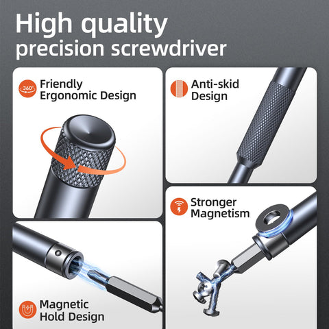 Close-up of 52-In-1 Precision Screwdriver Set With Double-Ended Bits showing ergonomic and magnetic design features.