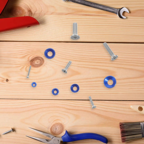 Alloy Countersunk Washer Kit With Handy Storage Box, colorful washers and screws on wooden table for DIY repairs