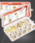 Aienxn 50-piece brass compression fittings kit with inserts, sleeves, ferrules and nuts in a plastic case