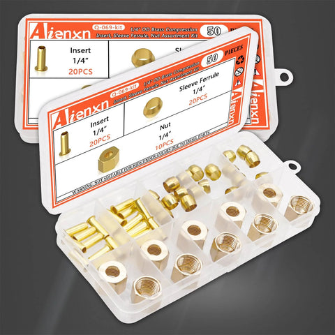 Aienxn 50-piece brass compression fittings kit with inserts, sleeves, ferrules and nuts in a plastic case