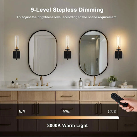 Battery Powered Wireless Wall Sconces With Remote Control Set Of 2 No Wiring Needed Black And Gold Dimmable Rechargeable LED Wall Lights 3000K in bathroom