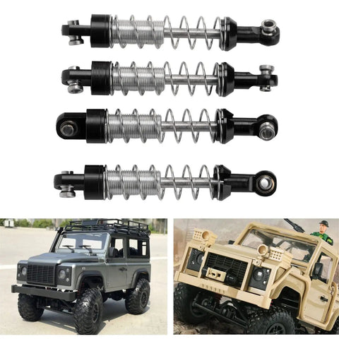 Adjustable Oil Shock Absorbers For 1/18 1/16 RC Crawlers, 4 Piece Metal Black Shocks Upgrade Kit with two toy trucks.
