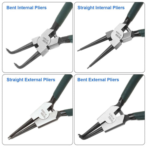 Built Tough 7 Inch Snap Ring Pliers Set Internal And External Circlip Pliers Kit with straight and bent jaw for ring removal.