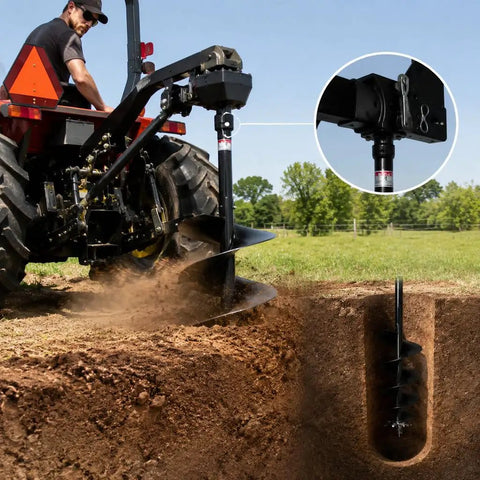 Tractor using Beefy 18 Inch Earth Auger Drill Bit Set For Tractor Mounts, 2 Inch Round Drive, creating deep holes in soil.