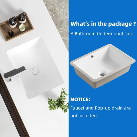 18.3 Inch Rectangular Undermount Bathroom Sink White Ceramic Porcelain With Overflow, shown with packaging components
