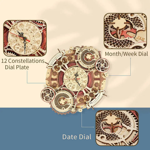 DIY 3D Wooden Puzzle Clock Kit With 168 Pieces, Mechanical Model For Home Decor, Wall Clock With Roman Numerals, Vintage Dip Dye Finish, Quartz Movement, Awesome Gift For Teens And Adults, Easy Self Assembly with 12 constellations, month/week, and date dials