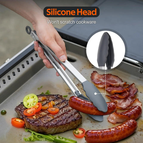 Using tongs from Four Piece Non Stick Griddle Kit for Blackstone Griddles Includes Large Spatula Long Spatula Griddle Scoop And Tong