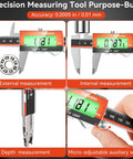 Rechargeable 6 Inch Digital Caliper With Large LCD Screen Stainless Steel Vernier Caliper For Fraction Inch Metric Conversions Auto Off USB Charge Long Battery Life Handy Precision Tool displaying external, internal, and depth measurements.