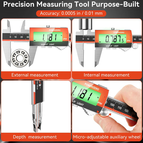 Rechargeable 6 Inch Digital Caliper With Large LCD Screen Stainless Steel Vernier Caliper For Fraction Inch Metric Conversions Auto Off USB Charge Long Battery Life Handy Precision Tool displaying external, internal, and depth measurements.