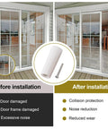 Before and after comparison of installation showing No More Door Bangs Heavy Rubber Sliding Stopper Replaces D1802 in use.
