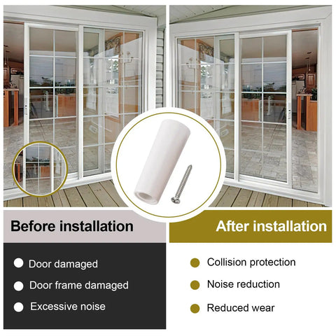 Before and after comparison of installation showing No More Door Bangs Heavy Rubber Sliding Stopper Replaces D1802 in use.