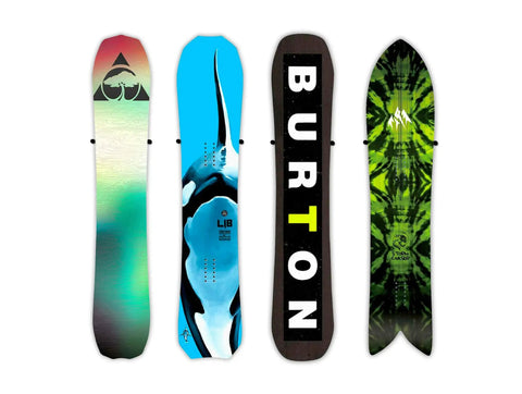 Minimalist Snowboard Wall Mount Display Rack Featuring Felt Padded Arms And Durable Rubber Grip To Stash Your Sick Ride Securely In Garage Or Home Studio And Recreation Room, displaying colorful snowboards.