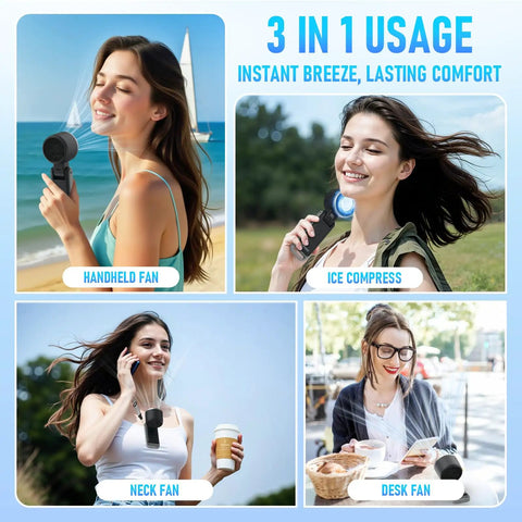 Portable Handheld Turbo Fan With Ice Cooling Rechargeable Personal Fan Up To 12 Hours Of Cooling Five Speeds And 25550 RPM Turbo Wind Ideal For Travel Outdoor Adventures Camping And Hiking Black used in different scenarios.