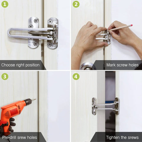 Installation steps for sturdy stainless steel door lock latch with chain SUS 304 brushed finish U swing front door lock.