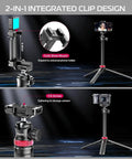 Get The Ultimate Extendable Phone Tripod That Works As Selfie Stick Vlog Stand Featuring Two In One Phone Clip And Full Three Sixty Ball Head Perfect For Iphone Sony And Dji Osmo Action Cameras Super Lightweight For Travel showing integrated clip design and 360 ball head.