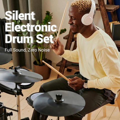 Musician playing Electric Drum Set With Quiet Mesh Pads Cymbals Sticks Headphones USB MIDI Kick Pedal in a home studio
