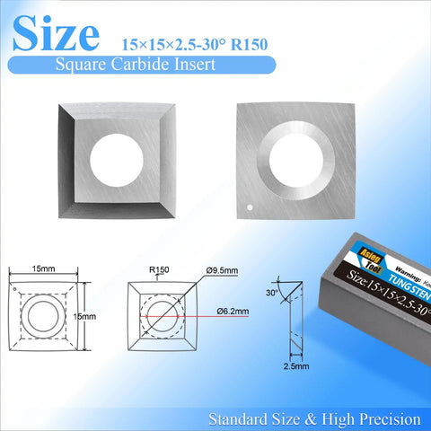 Pro Grade 15mm Square Tungsten Carbide Replacement Cutter Inserts With 4 Edges for woodworking Helical Planer Heads, diagram and box.