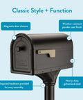 Roxbury Weather Resistant Steel Mailbox With Post Rubbed Bronze Finish USPS Approved, showing magnetic latch and powder coat.