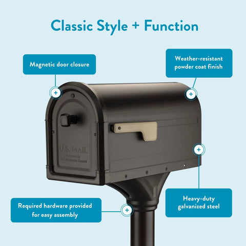 Roxbury Weather Resistant Steel Mailbox With Post Rubbed Bronze Finish USPS Approved, showing magnetic latch and powder coat.