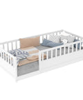 Stylish Twin Size Montessori Floor Bed Frame With High Safety Fence And Clean White Finish Great For Kids Room Vibe Or Cozy Lounge Spot While Staying Built Tough And Zero Hassle To Set Up Daily, featuring soft cushions and bedding.
