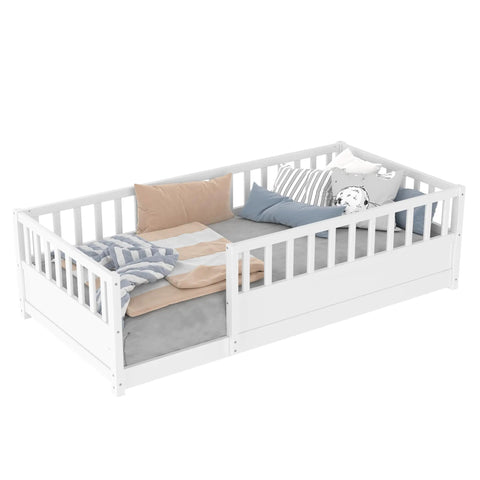 Stylish Twin Size Montessori Floor Bed Frame With High Safety Fence And Clean White Finish Great For Kids Room Vibe Or Cozy Lounge Spot While Staying Built Tough And Zero Hassle To Set Up Daily, featuring soft cushions and bedding.