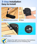 Dock Bumpers 2 Pack Black Heavy Duty Marine Fender Guards installation steps showing inflation, placing, and screwing into dock.