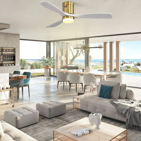 52 Inch Modern Ceiling Fan With Light And Remote, Quiet DC Motor, Six Speeds, Flush Mount, Solid Wood Blades in elegant living room