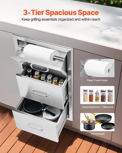 Outdoor Kitchen Drawers With Paper Towel Holder Stainless Steel Double Access Drawers For BBQ Island Or Grill Station 17W X 30H X 21D Weatherproof Outdoor Cabinets Easy Assembly
