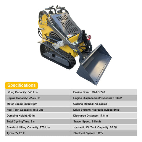 Triangular Track Skid Steer Loader T460 With 43.8 Inch Bucket 23HP Stand On Crawler Machine 840 Lb Lifting Capacity