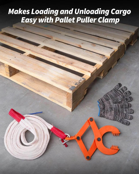 Industrial Heavy Duty Pallet Puller Clamp Kit 1 Ton 2205 Lbs For Forklifts And Trucks shown with strap and gloves on concrete floor