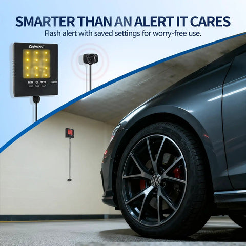 Car parked in garage with Adjustable Garage Parking Sensor With Tri Color LED Distance Indicator Ultrasonic Detection And Auto And Manual Modes For Safe Indoor Parking Plus No Sweat Hands Free Guidance In Tight Spaces displayed