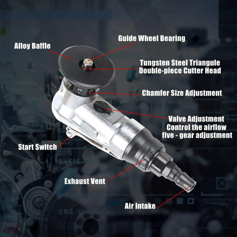 Durable Mini Pneumatic Chamfering Tool In Light Aluminum Alloy Air Powered Deburring Machine with guide wheel and start switch.