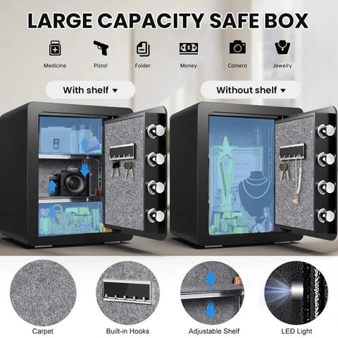 Compact Fireproof Safe Box For Home Use 0.8 Cu Ft Small Safe With Waterproof Build showing interior with adjustable shelf and LED light