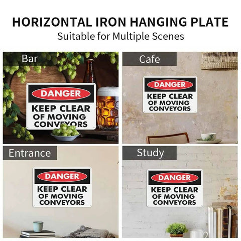 Danger Maintain Clearance Around Moving Conveyors Caution Sign 8 By 12 Inches Aluminum Plaque in various settings.