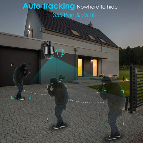 1080P Wireless Outdoor Security Camera With Night Vision And Auto Tracking Pan Tilt Zoom 355 Degree Horizontal And 75 Degree Vertical Coverage monitoring a yard at night.