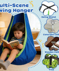 Child sitting in a blue pod swing from All In One Sensory Swing With Stand And Pod Swing For Indoor And Outdoor Use, reading.