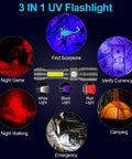 Rechargeable UV Black Light Flashlight 2 Pack 3 In 1 Ultra Bright Pocket Lights with 1200 Lumens showing use cases and features
