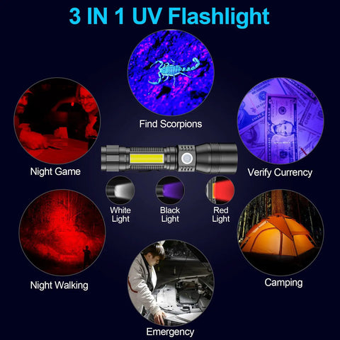 Rechargeable UV Black Light Flashlight 2 Pack 3 In 1 Ultra Bright Pocket Lights with 1200 Lumens showing use cases and features