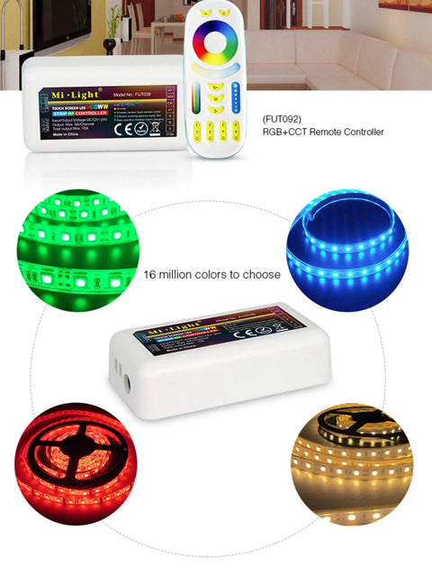 RGB Plus CCT LED Strip Lights Kit With Four FUT039 Modules And One FUT092 Remote showing multi-color strip light options