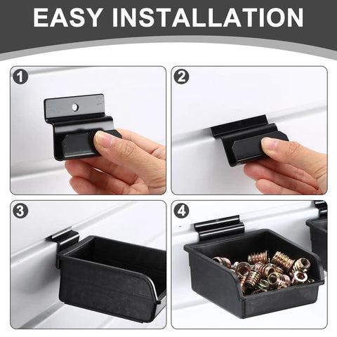 Easy installation of Six Piece Slatwall Bins With Hooks Set For Wall Mounted Organization in garage or workshop.