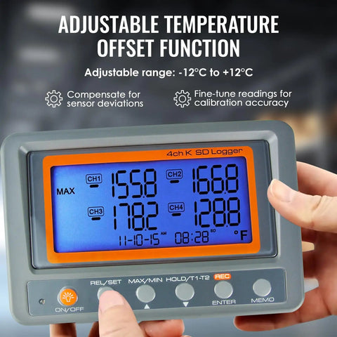 All In One 4 Channel K Type Thermocouple Thermometer Data Logger With 8GB SD Card Programmable Temperature Recorder Alarm Function Includes Two Probes Rugged And Ready For Lab Or Field Use displaying temperature readings.