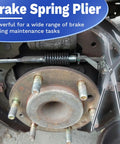 Heavy Duty Brake Spring Pliers For Drum Brakes Made From Heat Treated Carbon Steel Cuts Through Stubborn Hardware Easily, shown in use with drum brakes.