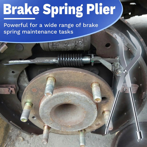 Heavy Duty Brake Spring Pliers For Drum Brakes Made From Heat Treated Carbon Steel Cuts Through Stubborn Hardware Easily, shown in use with drum brakes.