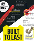 Heavy-Duty Ratcheting Chain Binder Kit Fits 3/8 To 1/2 Inch Grade 70 Chain 20 Foot Length Load Binder Set 6,600 Lb WLL Industrial Towing And Hauling showcasing handle length and hook details with 'Built to Last' text.